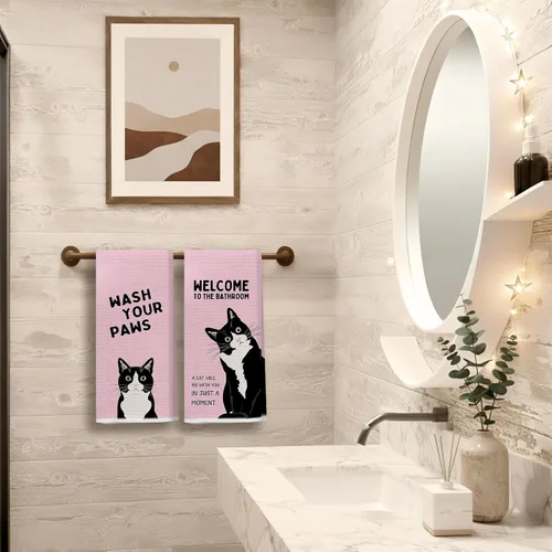 Miniatura 6 de Divertidas toallas de mano de baño con esmoquin rosa, decoración de baño para gato, toallas de mano de gatito blanco y negro para baño, 16 x 24