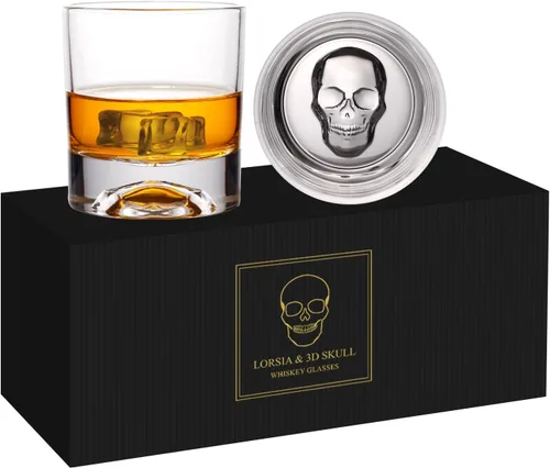 Vasos de Whisky de Calavera de Cristal Soplados a Mano, Juego de 2 Vasos de Bourbon en Caja de Regalo - Vasos Old Fashioned de 10 Oz para Scotch,