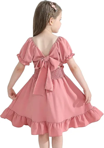 YOUNGER TREE Vestido de fiesta para niña pequeña, con lazo en la espalda, manga corta, volantes, hombros descubiertos, vestido de fiesta casual,