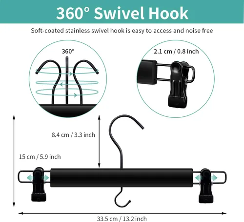 Miniatura 2 de Perchas de madera negra para pantalones y faldas, paquete de 10, gancho recubierto de reducción de ruido de alta calidad, clips duraderos de agarre