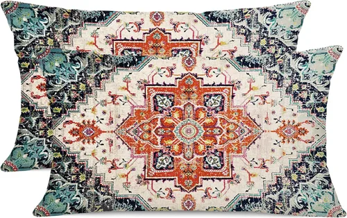 Miniatura 12 de Juego de 2 fundas de almohada impermeables para exteriores de 16 x 16 pulgadas, patrón de alfombra bohemio vintage, diseño étnico negro y gris