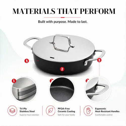 Miniatura 7 de Alva Maestro - Sartén antiadherente de cerámica de 3.5 cuartos de galón con tapa, color negro, sin PTFE, PFOA o PFAS, apta para inducción y horno