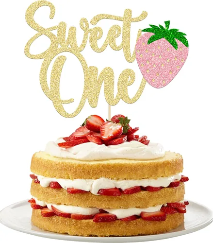 Gyufise 1 pieza de fresa Sweet One Cake Topper Glitter First Birthday Strawberry Cake Pick para el tema de fruta dulce, baby shower, fiesta de