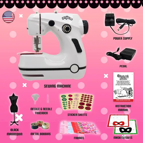 Miniatura 2 de Miraculous Ladybug - Máquina de Coser Mini de Marinette para Principiantes y Niños, Máquina Portátil de Doble Velocidad con Tela de Miraculous