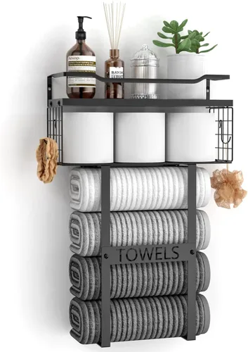Miniatura 8 de Toalleros para baño montados en la pared - Juego de portotoallas de pared para baño sobre almacenamiento del inodoro, organizador de estante