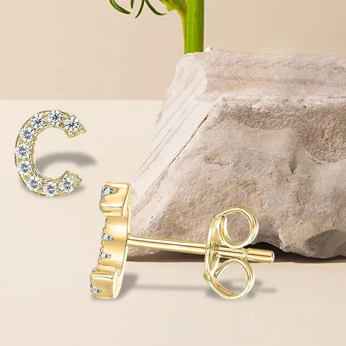 Miniatura 8 de Letter M Initial Stud Earrings for Girls, 14K Gold Plated Sterling Silver Alphabet Letter Earrings, Post CZ Stud Earrings, Hypoallergenic Earrings
