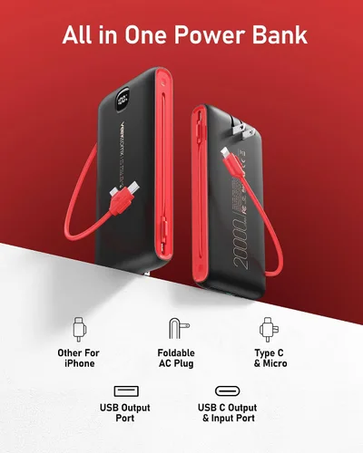 Miniatura 2 de VEEKTOMX Cargador portátil con cables integrados de 20000 mAh, banco de energía para iPhone con enchufe de pared de CA, batería delgada USB C