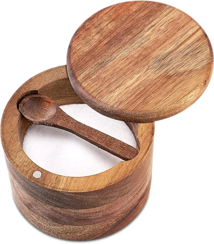 Cuenco de Madera de Acacia para Sal y Pimienta, Salero de Madera Natural y Caja de Almacenamiento de Especias con Cuchara Incorporada y Tapa