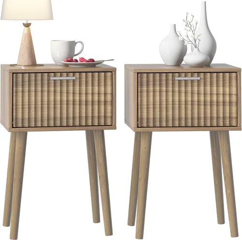 Miniatura 13 de LAATOOREE Juego de 2 mesitas de noche, mesa auxiliar pequeña, mesita de noche con puerta acanalada, pies de madera maciza; mesa auxiliar moderna