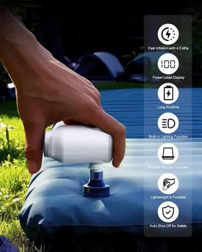 Miniatura 2 de Bomba de aire recargable portátil para inflables, 5 boquillas, velocidad del viento de 350 l/min y luz de campamento, inflado rápido y desinflado