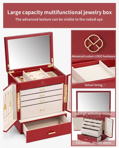 Miniatura 4 de Vlando Joyero y organizador, organizador de joyas de piel sintética para mujeres y niñas, 6 capas de espejo, caja de almacenamiento con 5 aretes