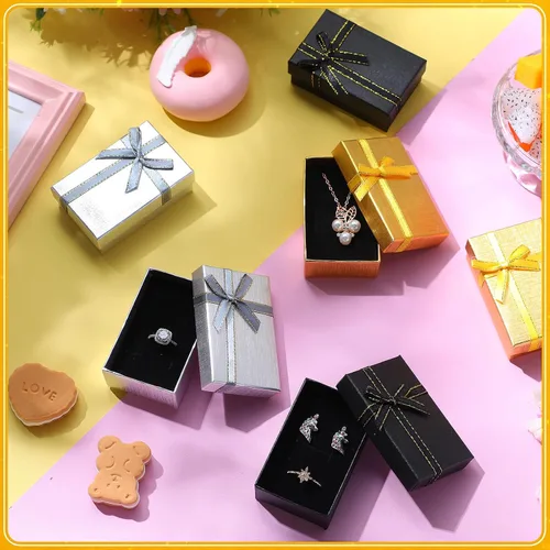 Miniatura 6 de Caja de regalo de joyería - Pequeña caja de embalaje vacía a granel cajas de cartón con lazo para anillos, collares, aretes y pulsera