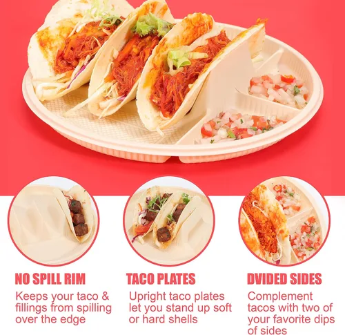 Miniatura 3 de LUVCOSY Platos desechables grandes de 10 pulgadas, 3 tacos y 4 lados, soporte biodegradable para tacos de almidón de maíz, tortilla suave y dura
