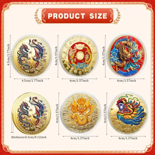 Miniatura 2 de 5 piezas de monedas de la suerte chinas de dragón chino del zodiaco monedas antiguas criaturas míticas de la suerte para oficina, colección