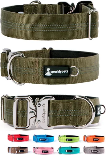 Miniatura 21 de SparklyPets Collar de perro ancho de servicio pesado con hebilla cromada de liberación rápida, collar táctico grueso para perro con rayas Azul