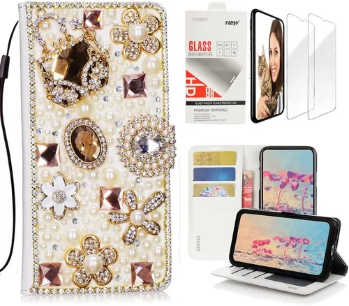 Bling - Funda de piel tipo cartera compatible con Samsung Galaxy S21 Ultra – Elegante – 3D hecha a mano con flores diseño floral con protector de