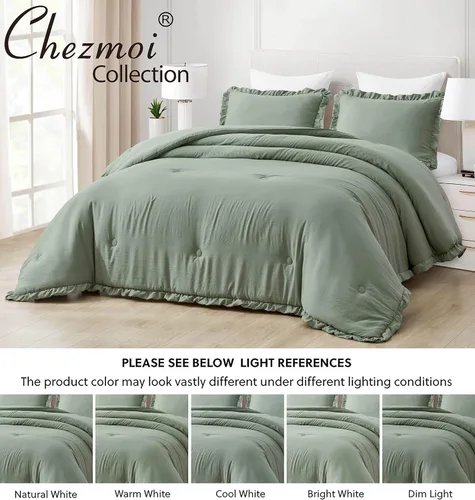 Miniatura 6 de Chezmoi Collection - Juego de edredón Nora de color verde saúco con volantes, tamaño Queen extragrande, 3 piezas, ropa de cama ligera y suave lavada