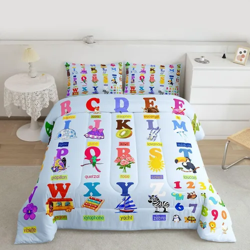 Miniatura 22 de jejeloiu Juego de edredón educativo para niños, tamaño King, juego de ropa de cama con números del alfabeto ABC para niños y niñas pequeños