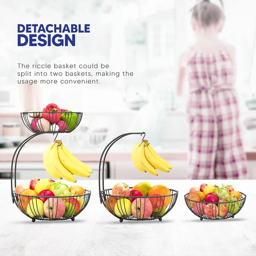 Miniatura 3 de RICCLE Cesta de frutas para encimera de cocina - Cesta de frutas con colgador de plátano - Frutero de alambre de metal de doble capa para encimera