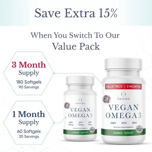 Miniatura 5 de TAHIRO Cápsulas blandas veganas de omega-3 - Suplemento a base de plantas con DPA, DHA y EPA - Nutrientes para hombres, mujeres y mujeres