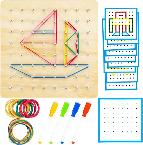 Miniatura 8 de HEELWIRE Geoboard de madera, juguete Montessori, juguete gráfico de educación matemática para niños con tarjetas de patrón y bandas de goma