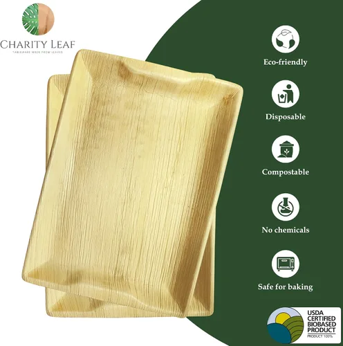 Miniatura 2 de Charity Leaf Bandejas desechables de hoja de palma de 14" x 10" (100 piezas) Platos de servir tipo bambú, tablas desechables, vajilla ecológica