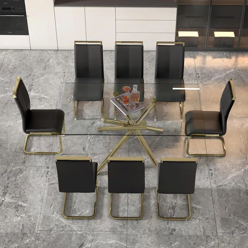 Miniatura 2 de Juego de 8 mesas de comedor de cristal, moderno juego de mesa de comedor de 71 pulgadas con 8 sillas de comedor tapizadas de piel sintética