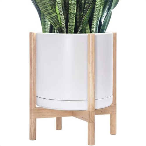 Miniatura 54 de D'vine Dev Maceta de cerámica con soporte de ébano – Maceta redonda moderna de 8 pulgadas con soporte para maceta de madera, color negro, 55-B-M-2
