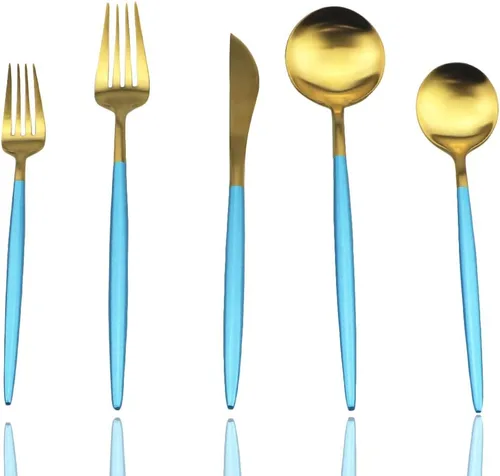 JASHII Juego de cubiertos de 5 piezas de cubiertos de acero inoxidable 18/10 de peso pesado forjado, utensilios de comer, tenedores, cucharas,
