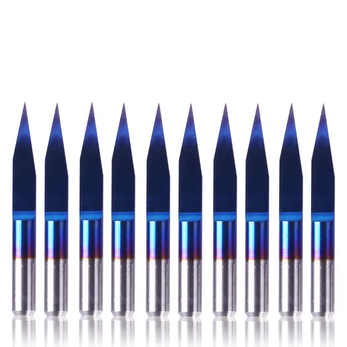 Genmitsu 10 brocas de grabado de capa azul nano, punta de 20 grados de 0.004 in, vástago cónico en V de 1/8 pulgadas