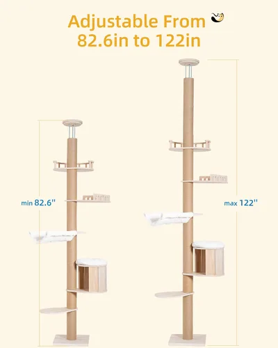Miniatura 4 de Aechonow Árbol alto de piso a techo para gatos grandes, torre para gatos con poste rascador, altura ajustable (82-122 pulgadas), cama cueva grande