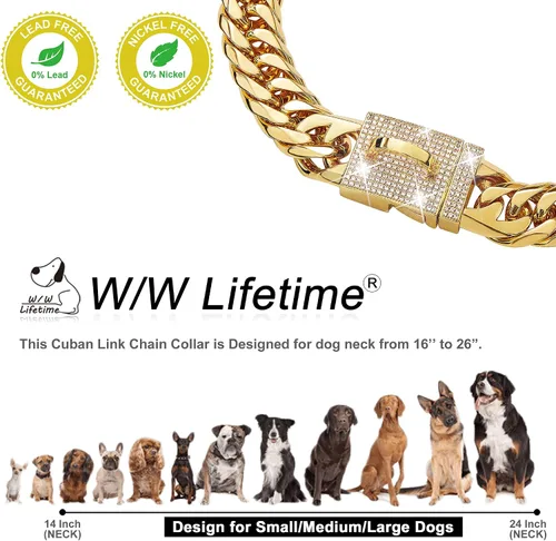 Miniatura 6 de Collar de cadena de metal para perro con diseño de hebilla segura, eslabones cubanos dorados fuertes y resistentes a las mordidas para perros