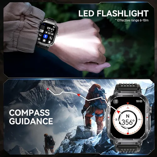 Miniatura 4 de Reloj inteligente militar para hombre, resistente al agua, 3 ATM, con linterna de llamadas/LED, pantalla grande HD de 2.02 pulgadas, reloj