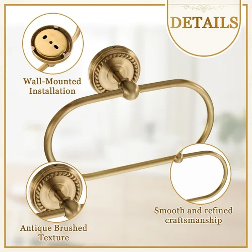 Miniatura 3 de Juego de 4 Piezas de Accesorios de Baño de Latón Antiguo Dorado Montados en la Pared Toallero y Anillo para Toallas y Portapapel Higiénico y Gancho