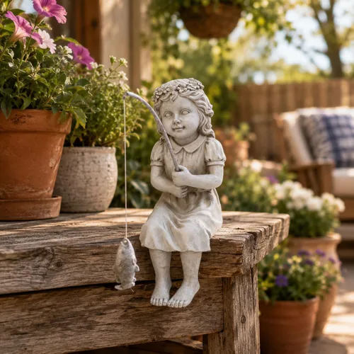 Miniatura 8 de Goodeco Estatua de jardín de Fishergirl – Pequeño pescador de 11 pulgadas para estanque Koi o cascadas, estatua junto a la piscina con guijarros que