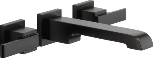 Delta Ara - Grifo de baño de montaje en pared de 2 orificios, llave de fregadero de baño negro mate para tocador, negro mate, T3567LF-BLWL