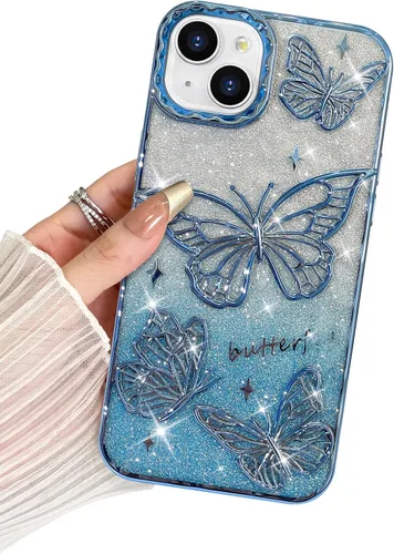 Miniatura 24 de BITOBE Diseñada para iPhone 15 Pro Max, bonita funda de mariposa 3D chapada en purpurina delgada para mujeres y niñas, protección de cámara, Negro