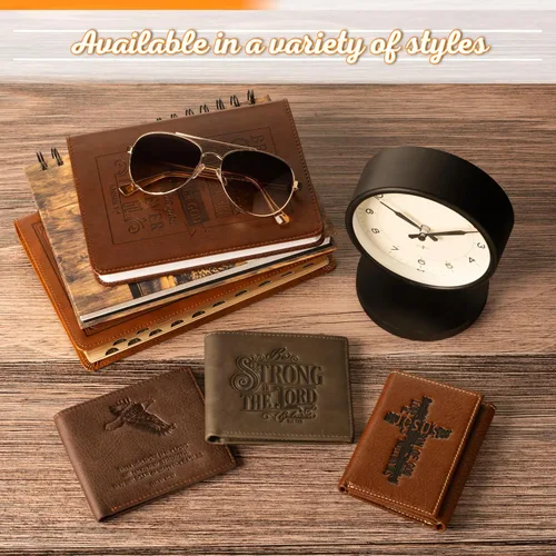 Miniatura 5 de Christian Art Gifts Carteras de cuero genuino de grano completo con bloqueo RFID para hombres, diseños plegables y triples, muchas ranuras