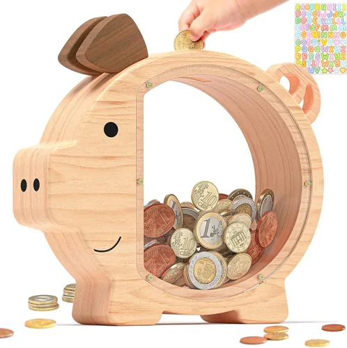 Miniatura 9 de Summidate Alcancía de madera para niños, niñas, niños y adultos, grandes facturas irrompibles, cambio de monedas, tarro de ahorro de dinero, regalo