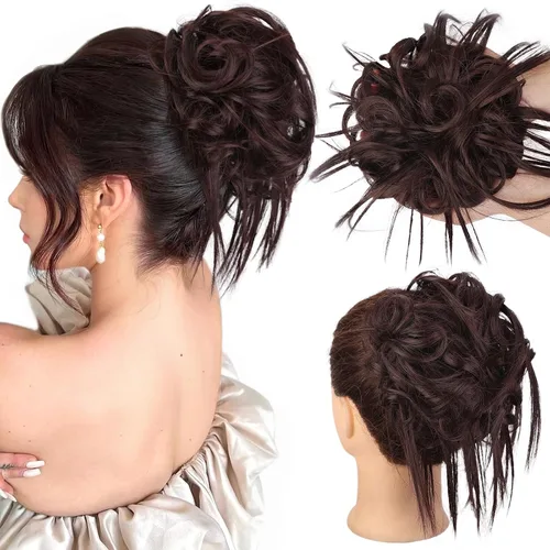 Miniatura 33 de HMD - Extensiones de cabello tipo chongo alborotado con rodelo despeinado, banda elástica de goma, extensiones de cabello sintético para mujer
