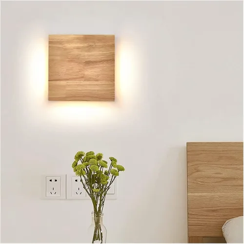 Miniatura 5 de Lámpara de pared LED de madera, aplique de pared cuadrada, lámpara de pared para interiores de 9 W, con acrílico, lámparas de cabecera de madera