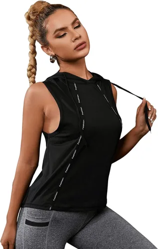 Miniatura 3 de SweatyRocks Camiseta sin mangas con capucha para mujer, con estampado de letras, de secado rápido