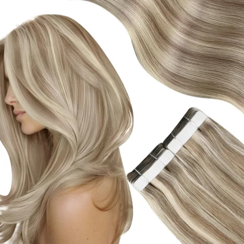 Miniatura 24 de Moresoo Extensiones adhesivas de cabello humano degradado, balayage, mezcla de marrón oscuro con extensiones de color marrón medio, extensiones