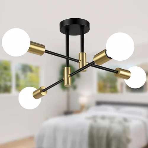 Miniatura 7 de Bosceos Lámpara de techo semiempotrada, lámpara de techo Sputnik moderna de 4 luces negras y doradas, lámpara de techo industrial para cocina