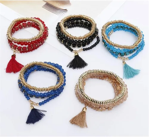 Miniatura 3 de YAZILIND Pulseras de cuentas de múltiples capas elásticas apilables pulsera Strand Beach brazalete bohemio borla colgante pulsera conjuntos