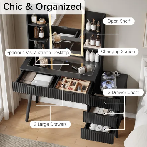 Miniatura 6 de Escritorio de maquillaje acanalado con espejo y luces, tocador blanco moderno de 42 pulgadas para espacios pequeños, tocador blanco con 5 cajones