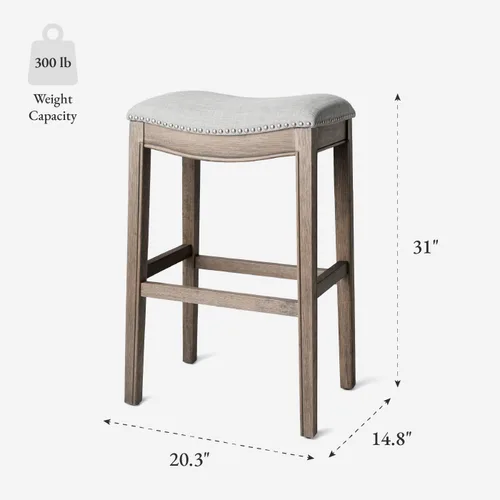 Miniatura 3 de Maven Lane Adrien Taburete de bar sin espalda, asiento de silla de montar de 31 pulgadas con reposapiés, marco de madera maciza gris y tapicería