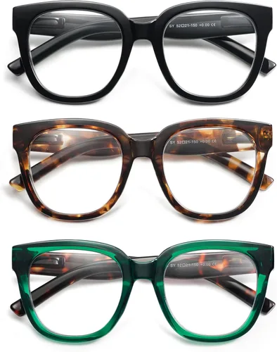 AMOMOMA Paquete de 3 lentes de lectura cuadrados de gran tamaño para mujer, elegante, retro, bonita, para computadora con luz azul, para mujeres