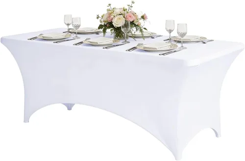 Miniatura 28 de CWK - Funda de mesa de elastano elástica impermeable de 6 pies para mesas rectangulares - Mantel elástico ajustado para mesas plegables, tela Rosa