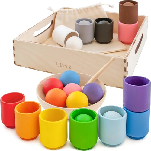 Ulanik Bolas en tazas 12 colores Montessori Juguetes para 1 año de edad Juego de clasificación de colores de madera y juego